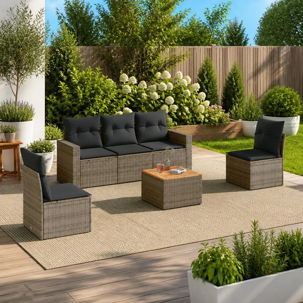 Garden Sofa Set PE Rattan 6 Piece Outdoor Furniture Grey Acacia Wood Table Top