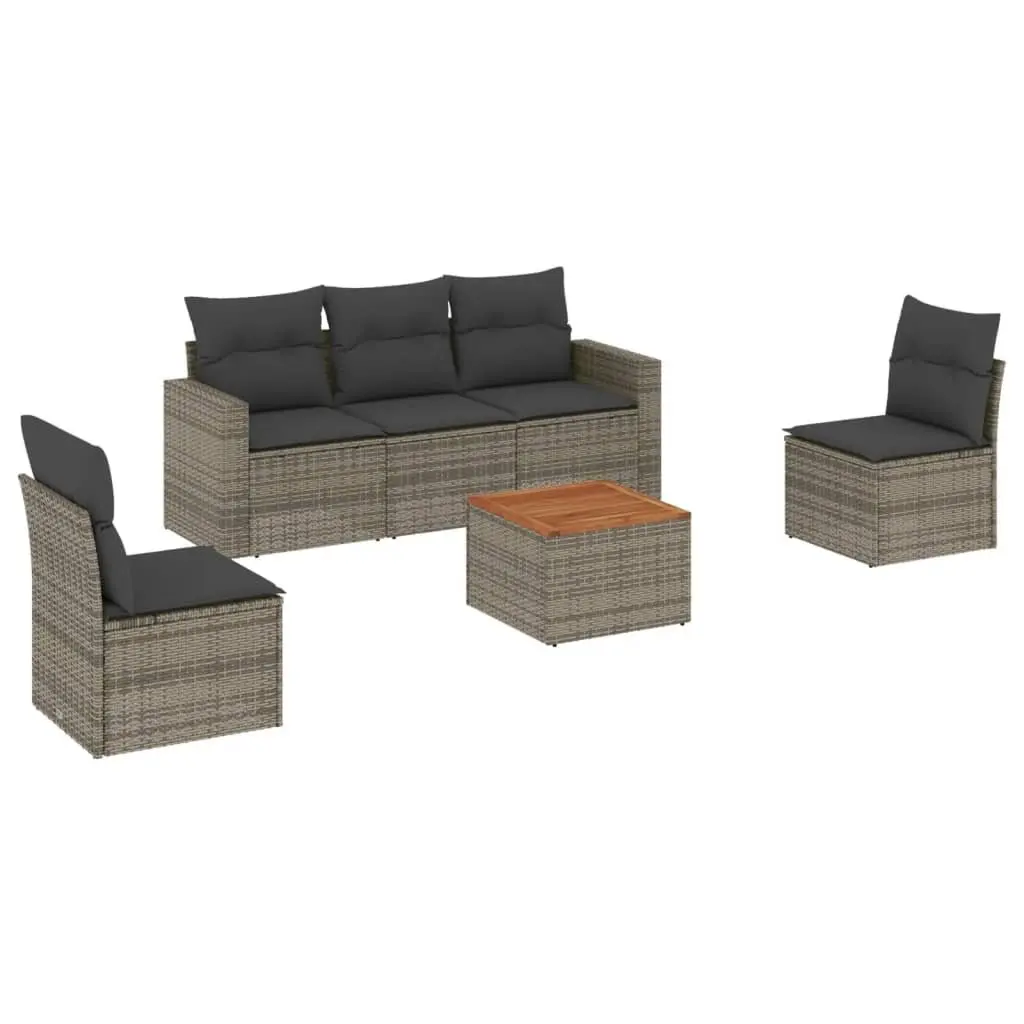 Garden Sofa Set PE Rattan 6 Piece Outdoor Furniture Grey Acacia Wood Table Top