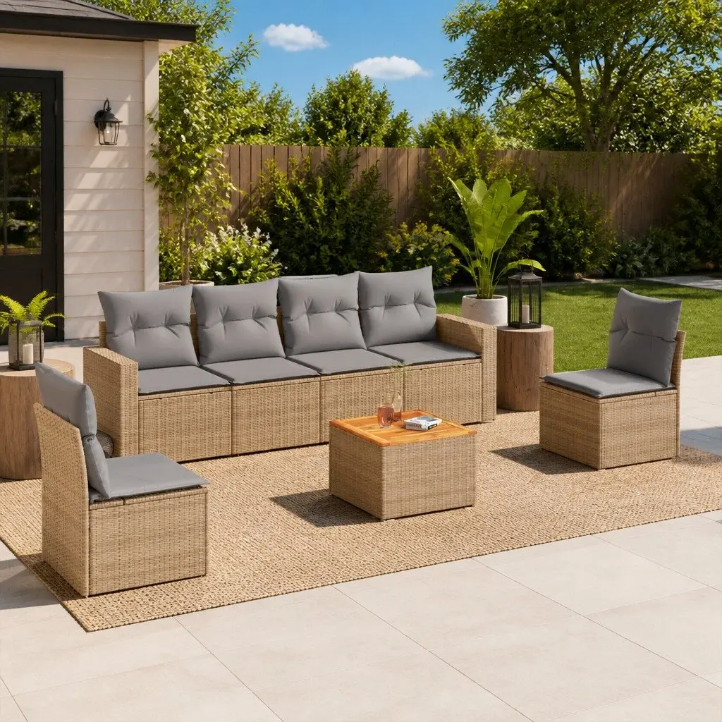 Garden Sofa Set 7 Piece PE Rattan Beige with Cushions and Acacia Wood Table Top