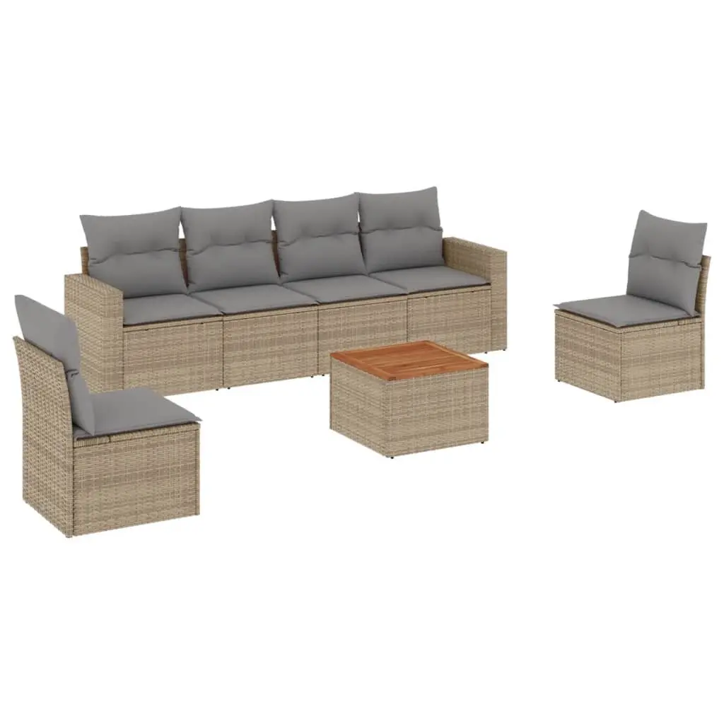 Garden Sofa Set 7 Piece PE Rattan Beige with Cushions and Acacia Wood Table Top