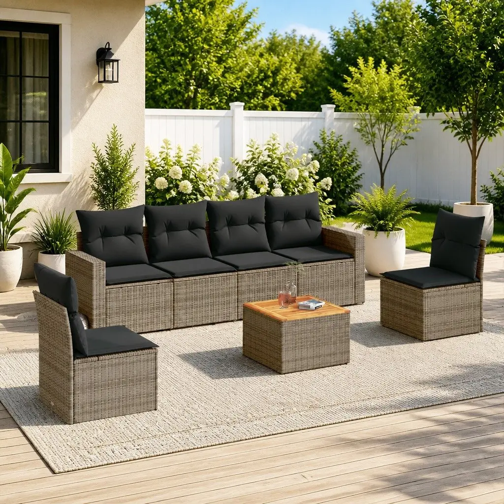 Garden Sofa Set 7 Piece PE Rattan Grey Outdoor Furniture with Acacia Wood Table Top and Removable Cushions