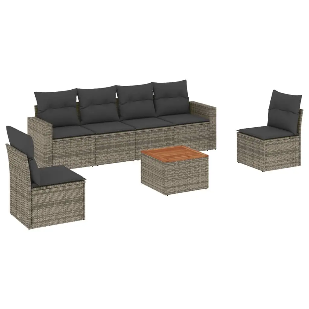 Garden Sofa Set 7 Piece PE Rattan Grey Outdoor Furniture with Acacia Wood Table Top and Removable Cushions