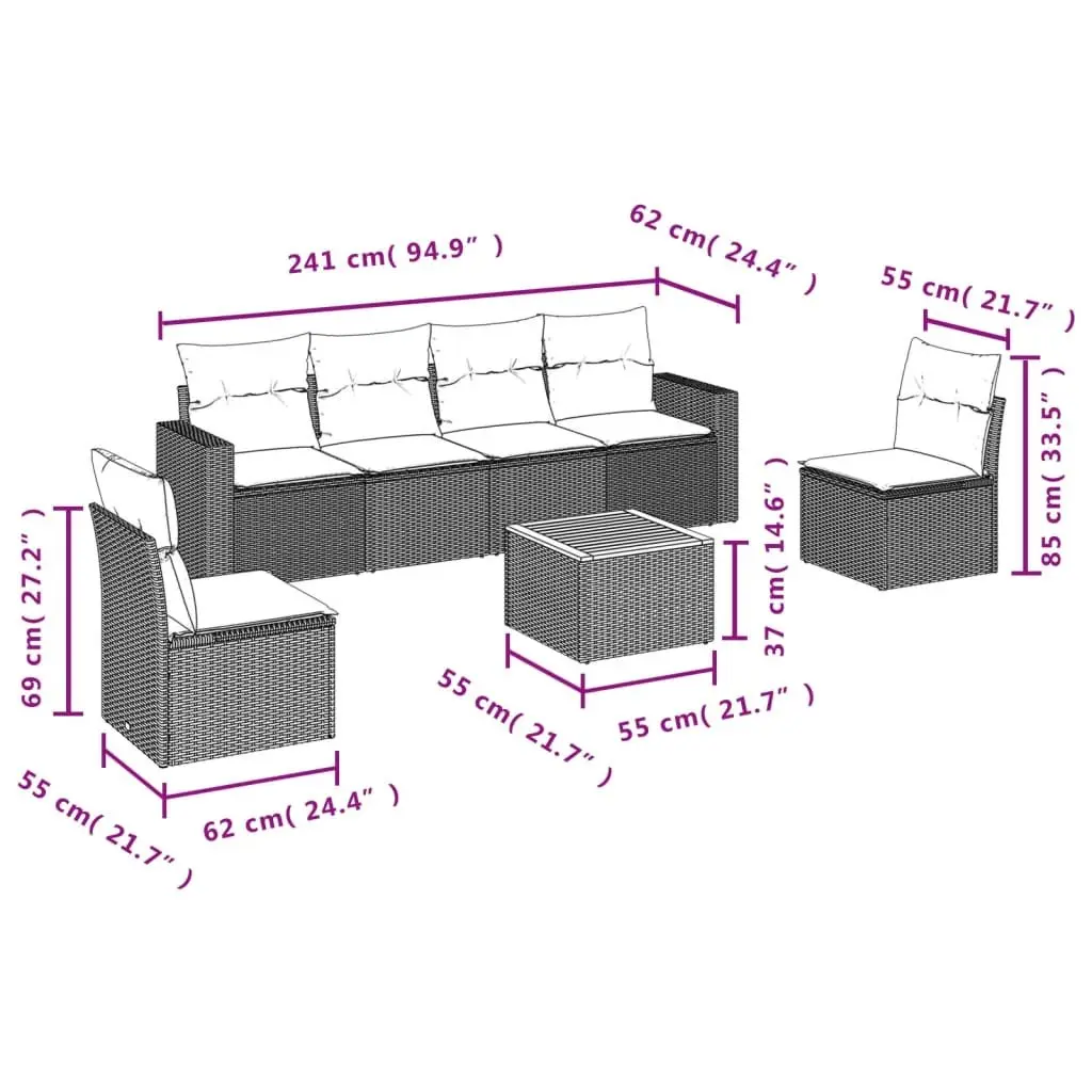 Garden Sofa Set 7 Piece PE Rattan Grey Outdoor Furniture with Acacia Wood Table Top and Removable Cushions