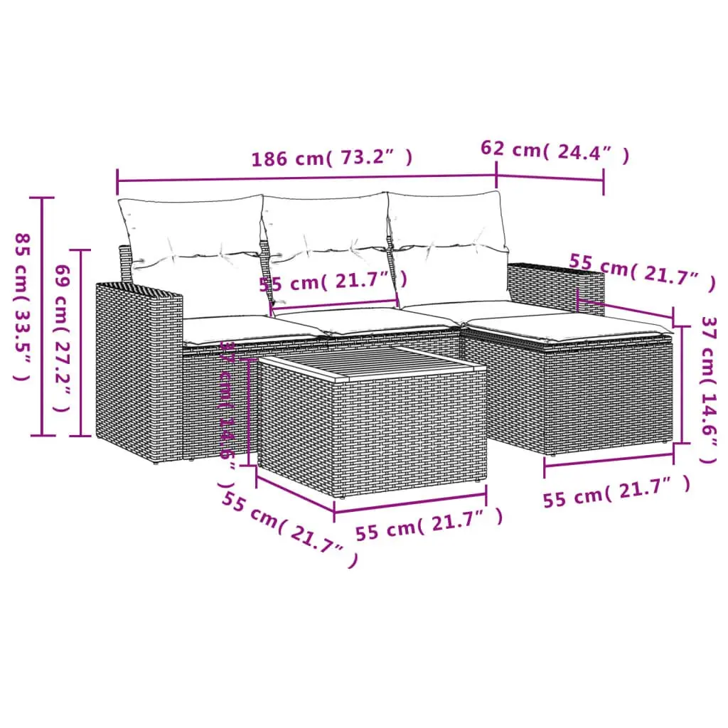 5 Piece Garden Sofa Set Poly Rattan Grey with Storage Footstool and Acacia Wood Table