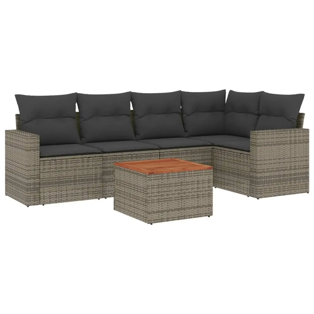 6 Piece Outdoor Garden Sofa Set Grey Poly Rattan with Acacia Wood Tabletop