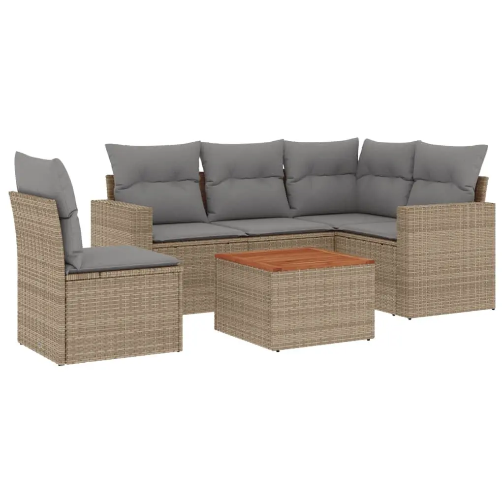 Garden Sofa Set PE Rattan 6 Piece Outdoor Furniture Patio Seating Beige Acacia Wood