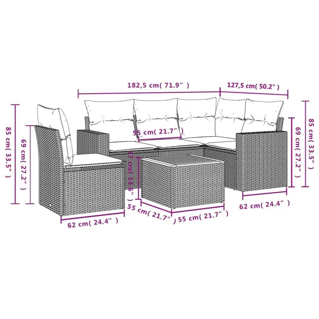 Garden Sofa Set PE Rattan 6 Piece Outdoor Furniture Patio Seating Beige Acacia Wood