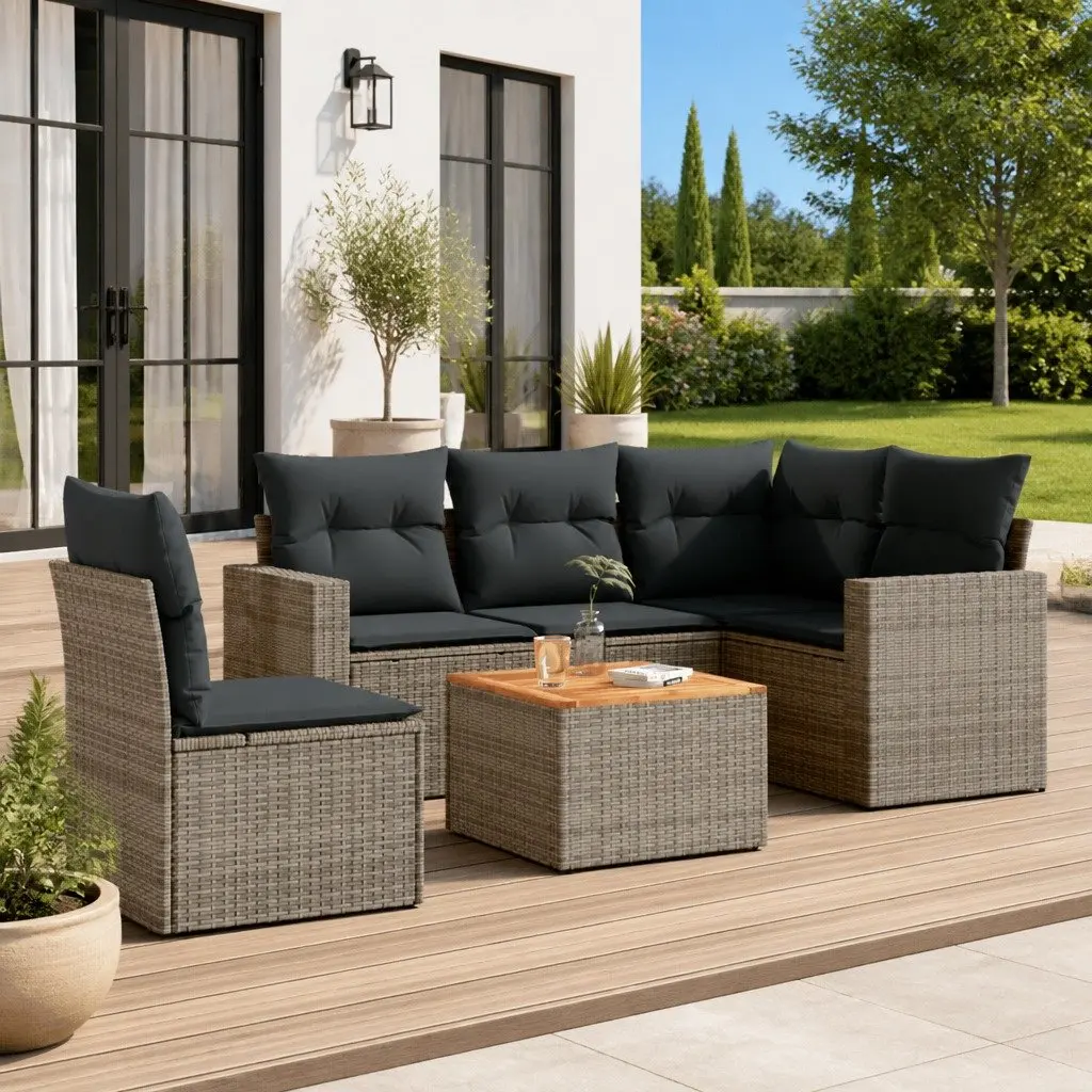 Garden Sofa Set 6 Piece PE Rattan Grey Outdoor Furniture with Acacia Wood Table Top