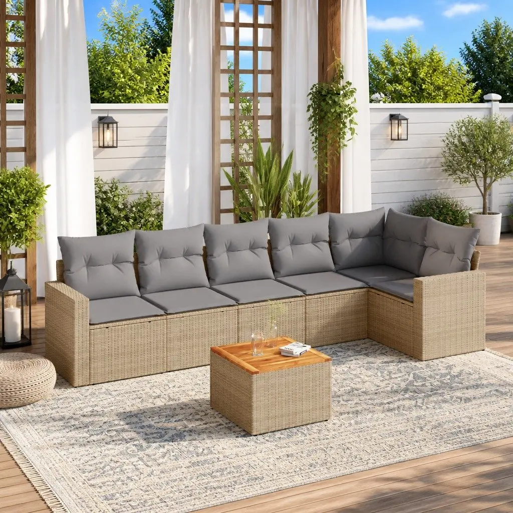 Garden Sofa Set 7 Piece Modular PE Rattan Outdoor Furniture Beige with Acacia Wood Table