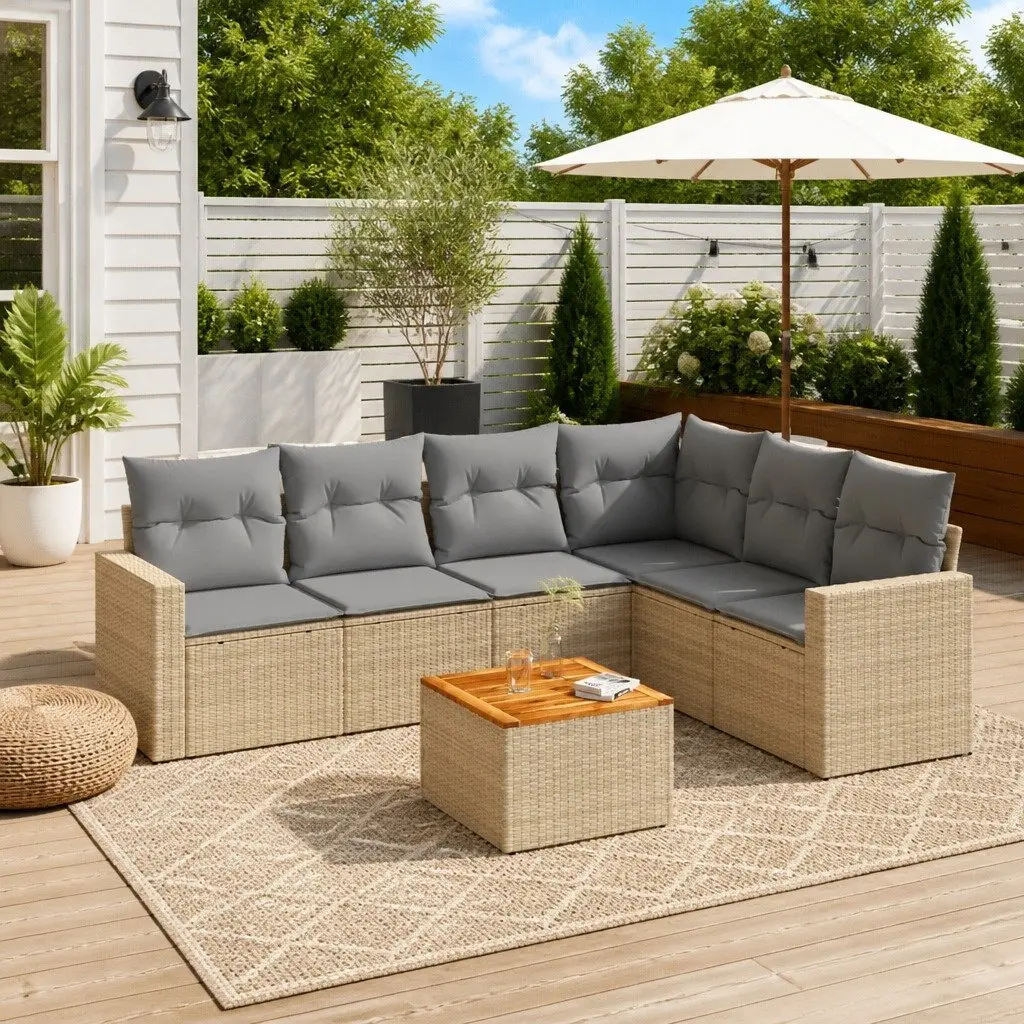 Garden Sofa Set Modular 7 Piece Outdoor Furniture Beige PE Rattan Acacia Wood