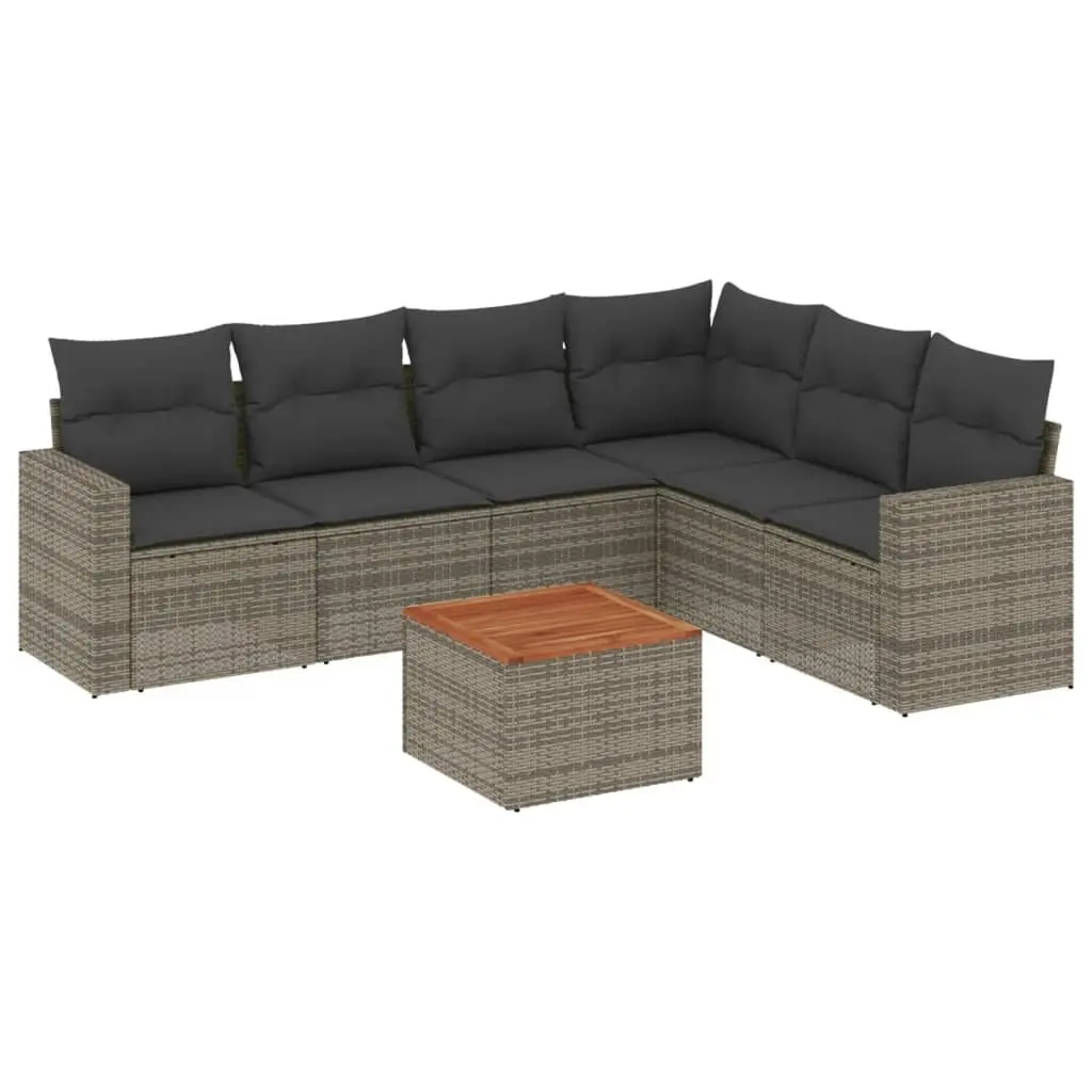 7 Piece Outdoor Garden Sofa Set Grey PE Rattan with Acacia Wood Table Top and Storage