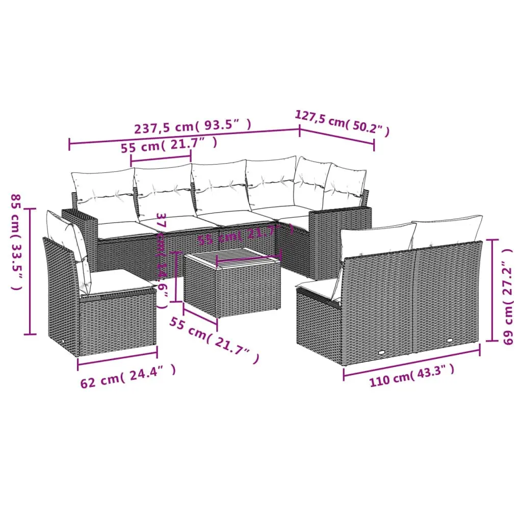 Garden Sofa Set 9 Piece Outdoor Furniture Beige Poly Rattan Patio Lounge with