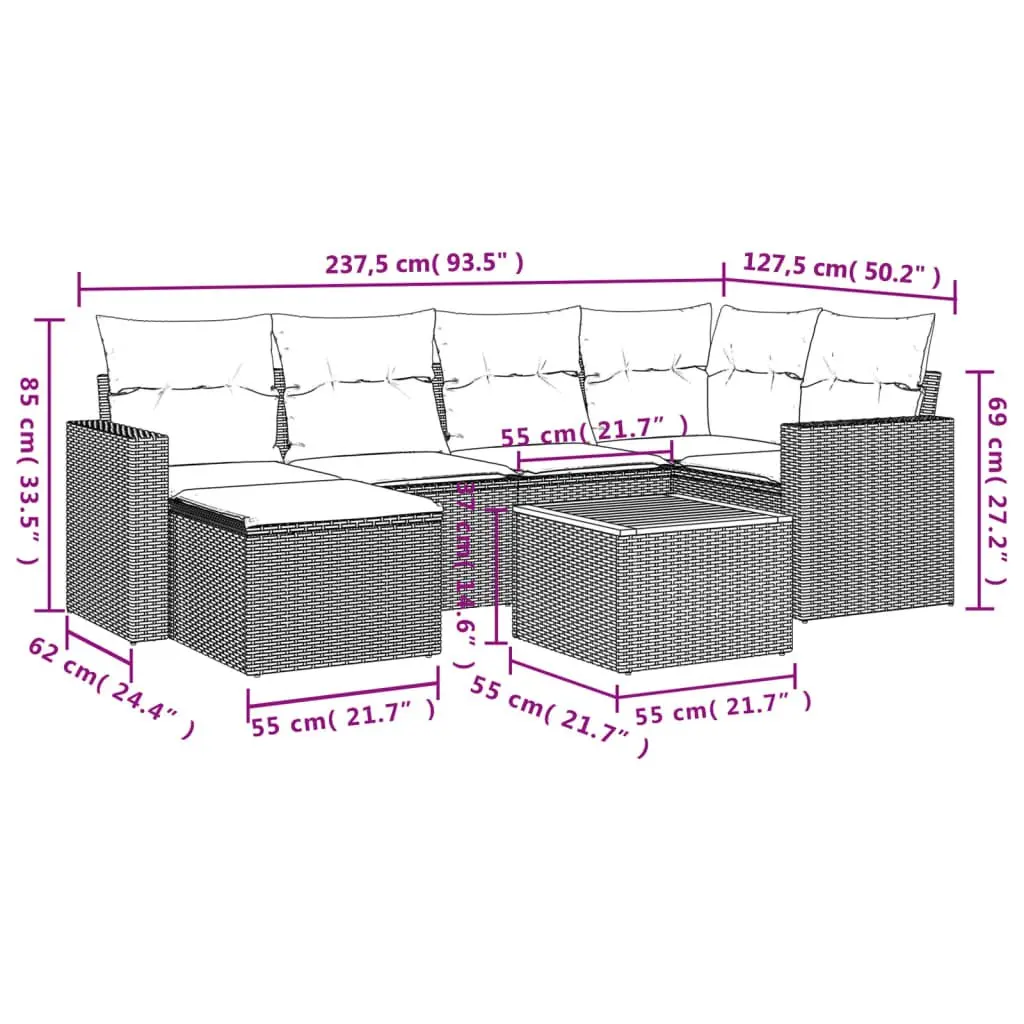 7 Piece Garden Sofa Set PE Poly Rattan Grey Outdoor Furniture Patio Lounge with Acacia Wood Table