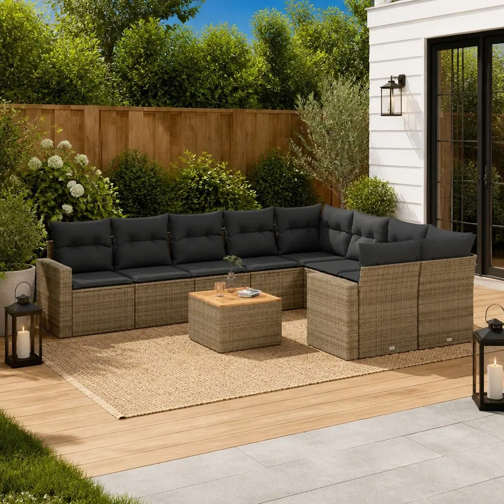Garden Sofa Set Grey PE Rattan 10 Piece Outdoor Furniture with Cushions