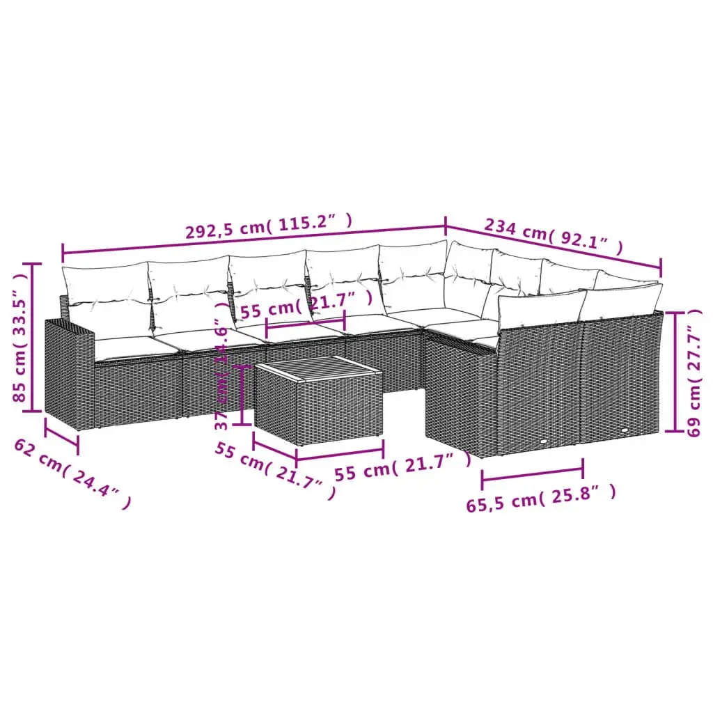 Garden Sofa Set Grey PE Rattan 10 Piece Outdoor Furniture with Cushions