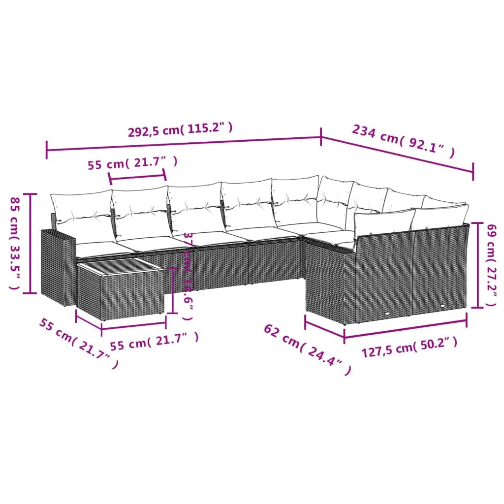 Garden Sofa Set Modular PE Rattan 10 Piece Outdoor Patio Furniture Grey