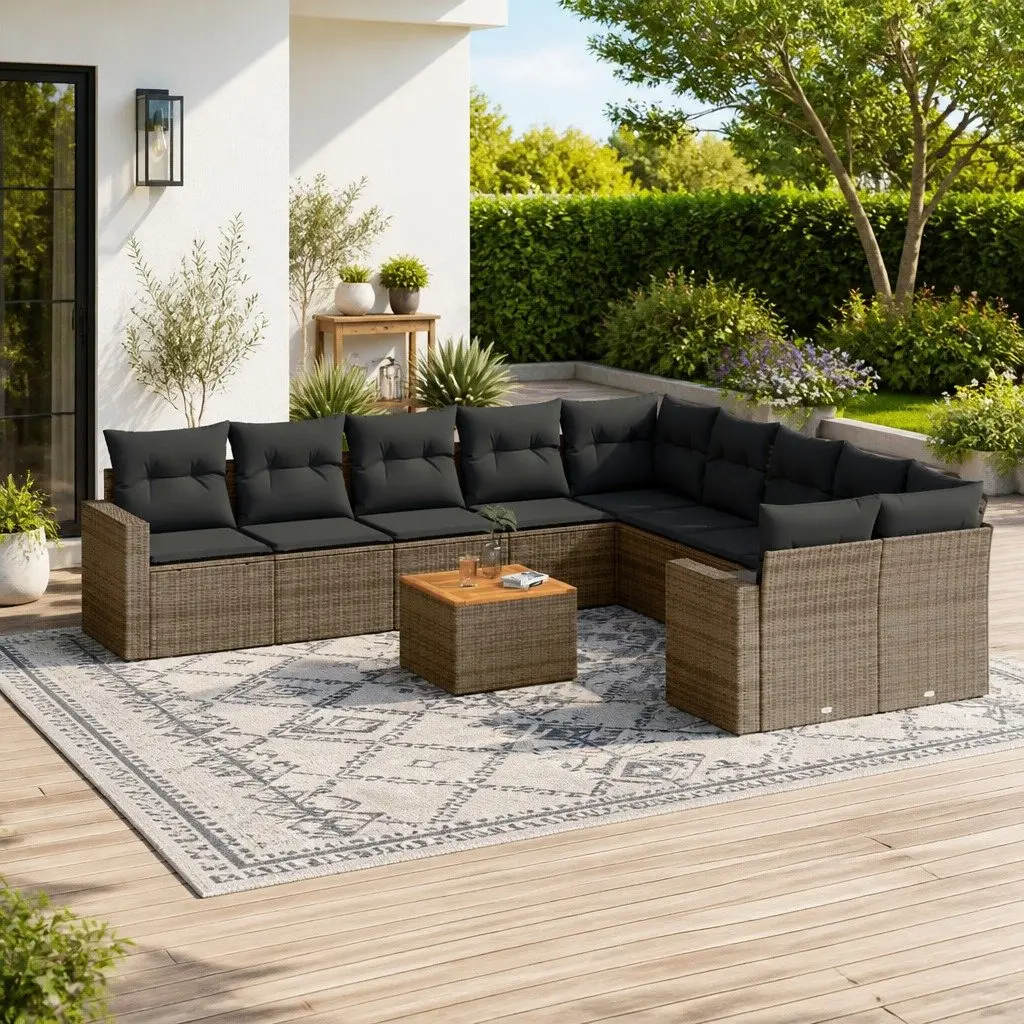 Garden Sofa Set PE Rattan 11 Piece Outdoor Furniture Grey Acacia Wood Tabletop