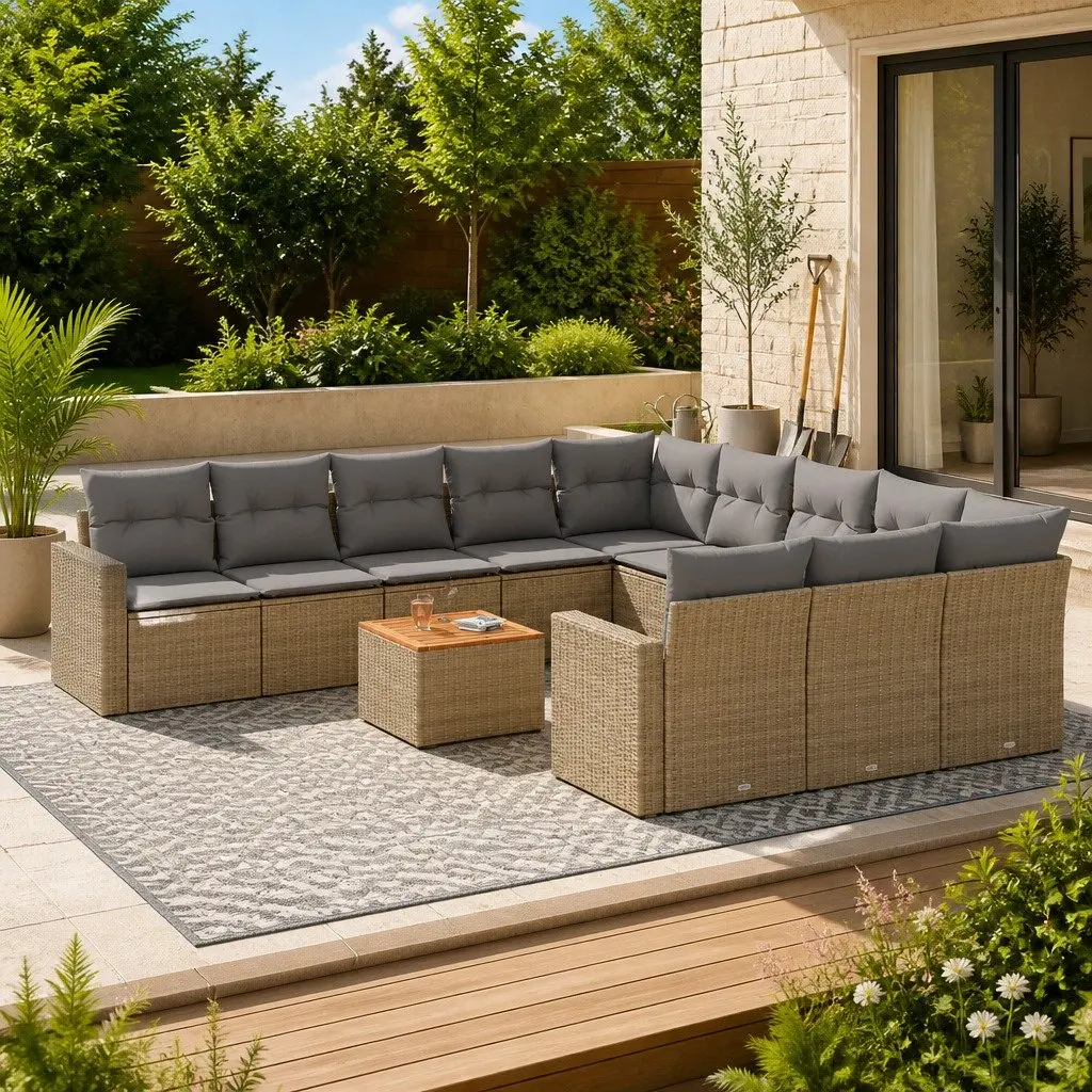 Garden Sofa Set 12 Piece Outdoor Furniture Patio Beige Poly Rattan Modular