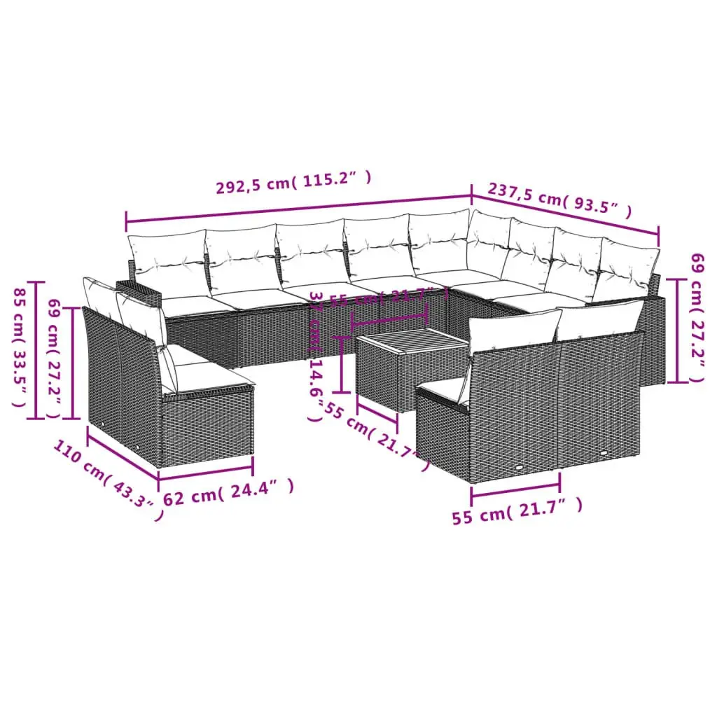 Garden Sofa Set 13 Piece Modular Outdoor Furniture Grey Poly Rattan Patio Lounge Seating