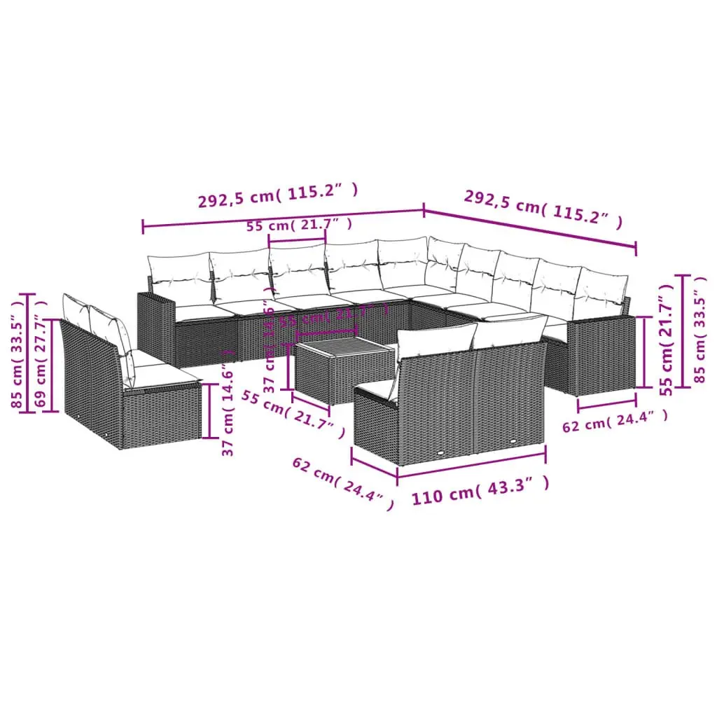Garden Sofa Set 14 Piece Grey Outdoor Furniture Patio Sectional with Cushions