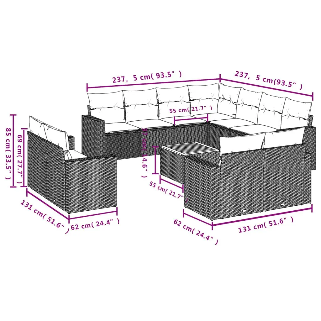 Garden Sofa Set Grey PE Rattan 12 Piece Modular Outdoor Furniture