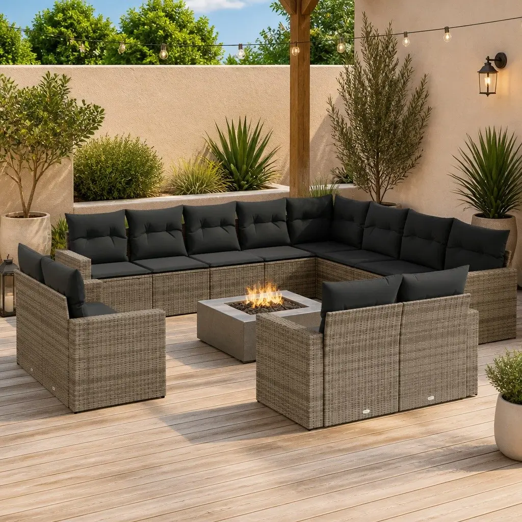 14 Piece Modular Outdoor Sofa Set Grey PE Rattan with Acacia Wood Tabletop and Storage for Backyard Terrace or Patio