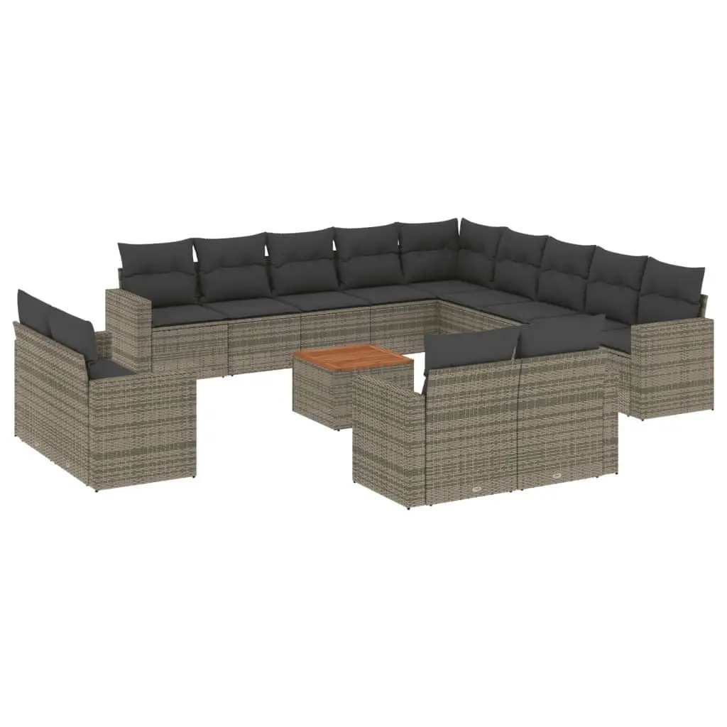 14 Piece Modular Outdoor Sofa Set Grey PE Rattan with Acacia Wood Tabletop and Storage for Backyard Terrace or Patio