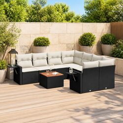 9 Piece Outdoor Garden Sofa Set with Storage Cushions Black Poly Rattan Patio