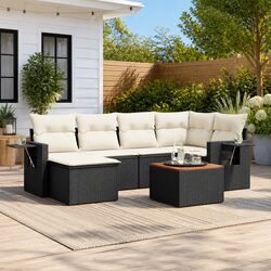 7 Piece Garden Sofa Set with Cushions Black Poly Rattan Outdoor Furniture