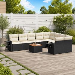 10 Piece Outdoor Garden Sofa Set with Storage Cushions Black Poly Rattan
