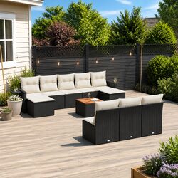 Outdoor Garden Sofa Set 11 Piece Black Poly Rattan Patio Furniture with Cushions
