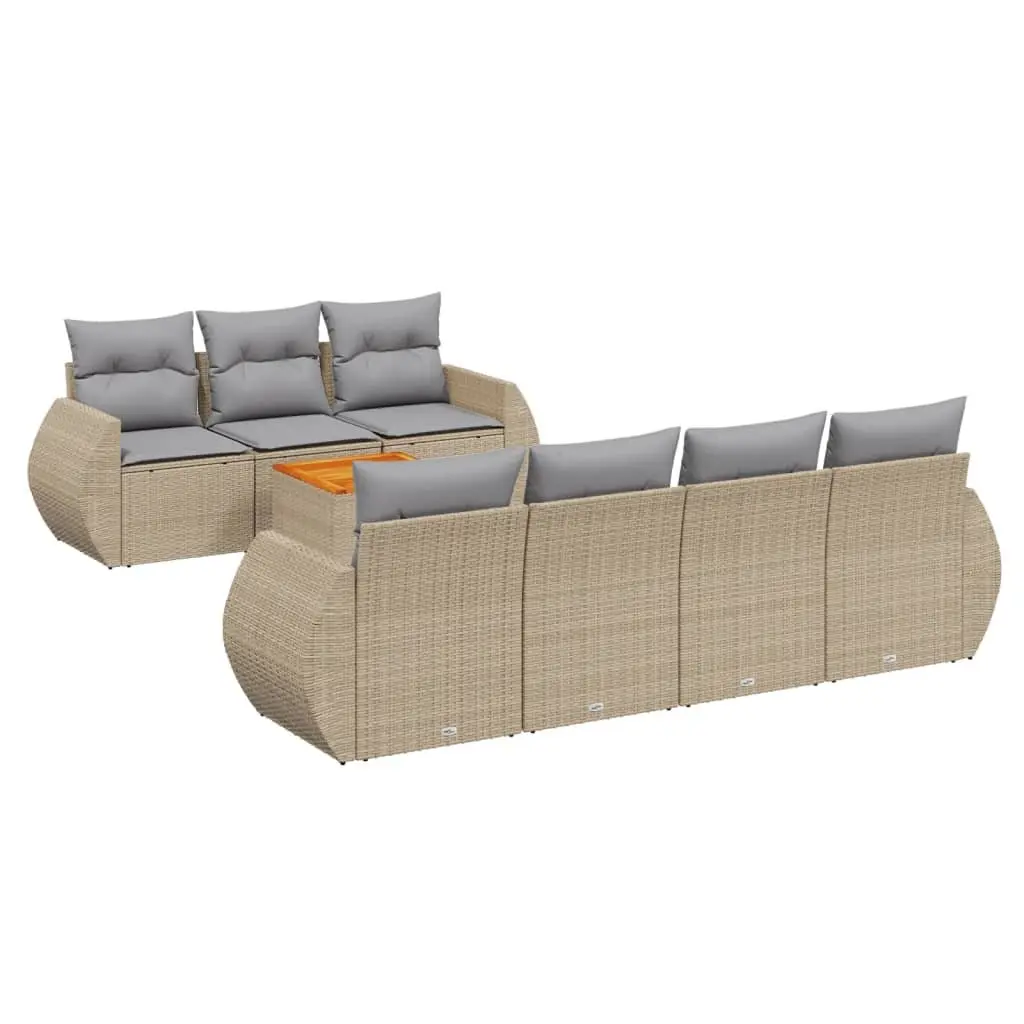 8 Piece Modular Outdoor Sofa Set PE Rattan Beige Cushions Acacia Wood Tabletop Garden Furniture