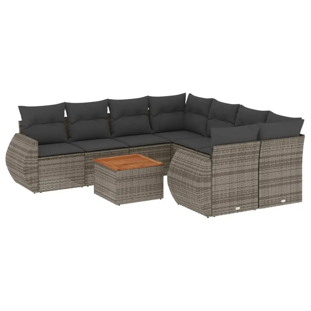 Garden Sofa Set Modular PE Rattan 9 Piece Outdoor Furniture Grey Acacia Wood Tabletop