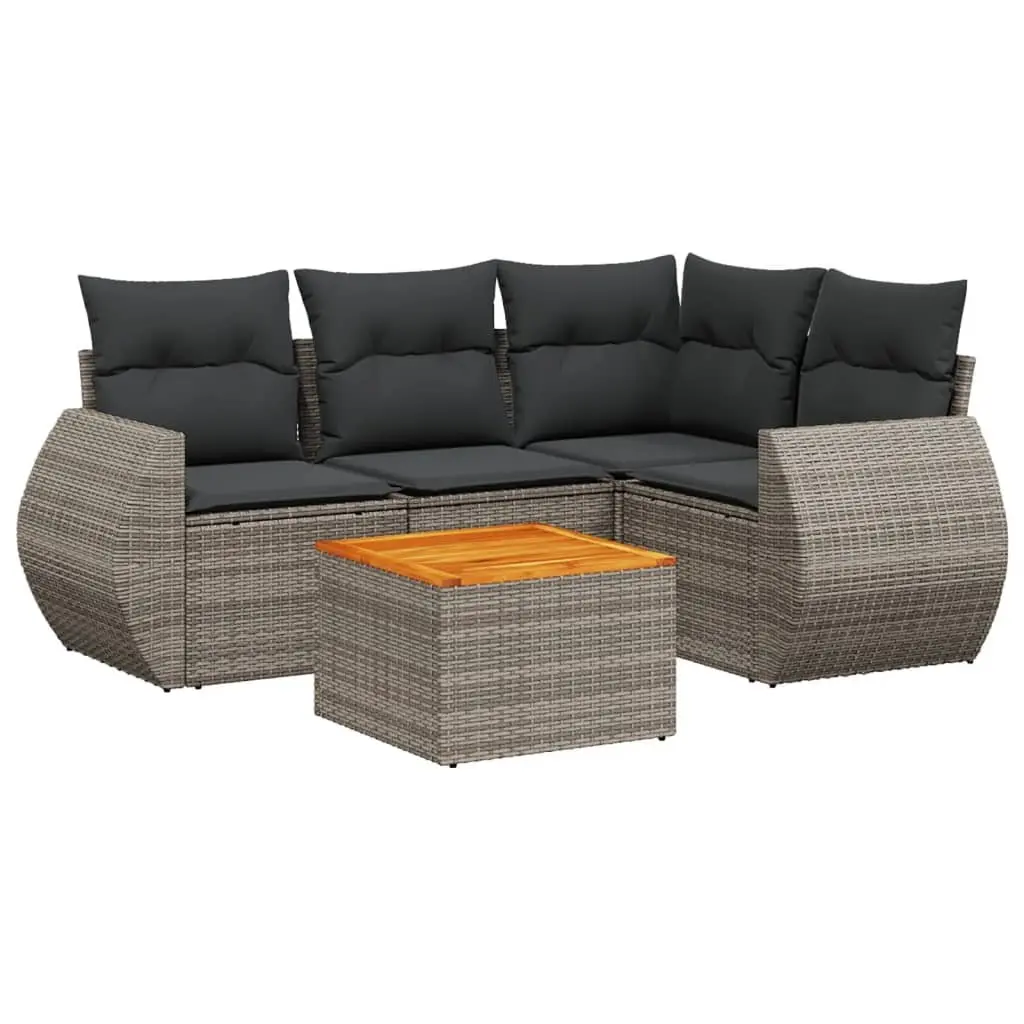 5 Piece Outdoor Garden Sofa Set Grey PE Rattan with Acacia Wood Table and Cushions