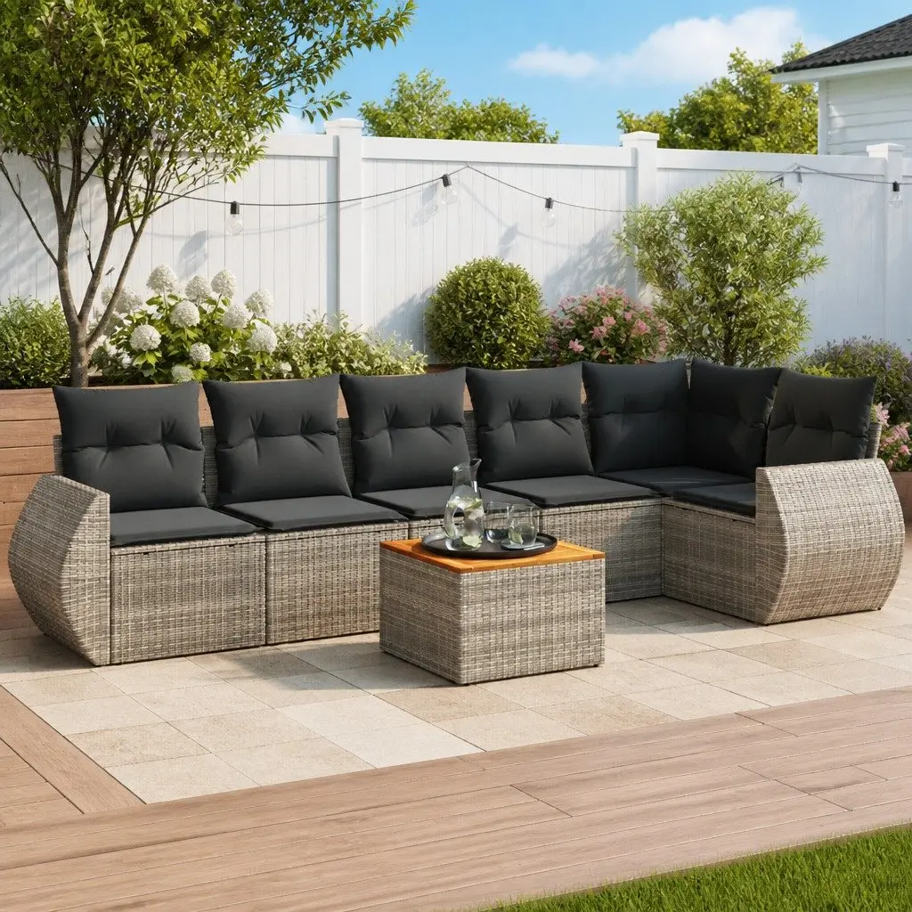 Garden Sofa Set PE Rattan 7 Piece Outdoor Furniture Grey Patio Lounge Cushions