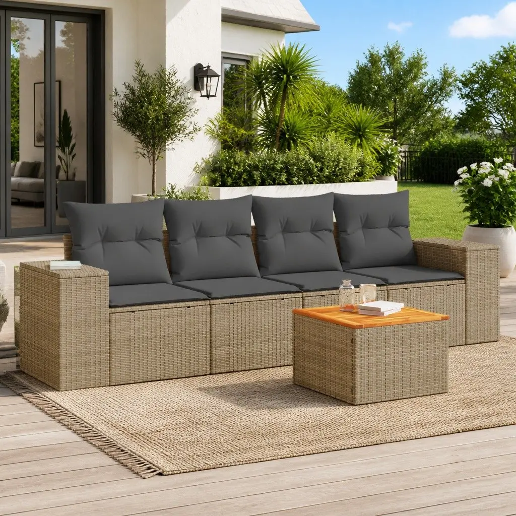 5 Piece Garden Sofa Set PE Rattan Modular Outdoor Furniture Beige with Cushions