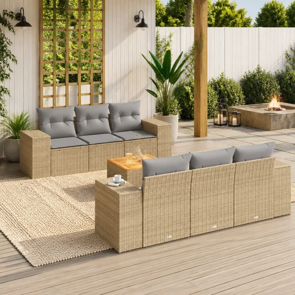 7 Piece Garden Sofa Set PE Rattan Modular Outdoor Furniture Beige with Cushions