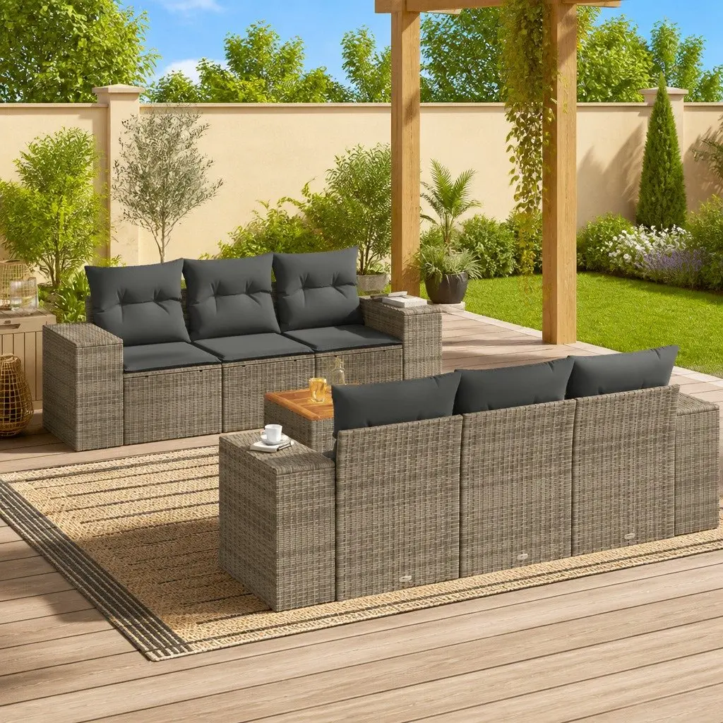 7 Piece Modular Outdoor Furniture Set Grey PE Rattan Garden Sofa Patio Sectional with Storage and Acacia Wood Table