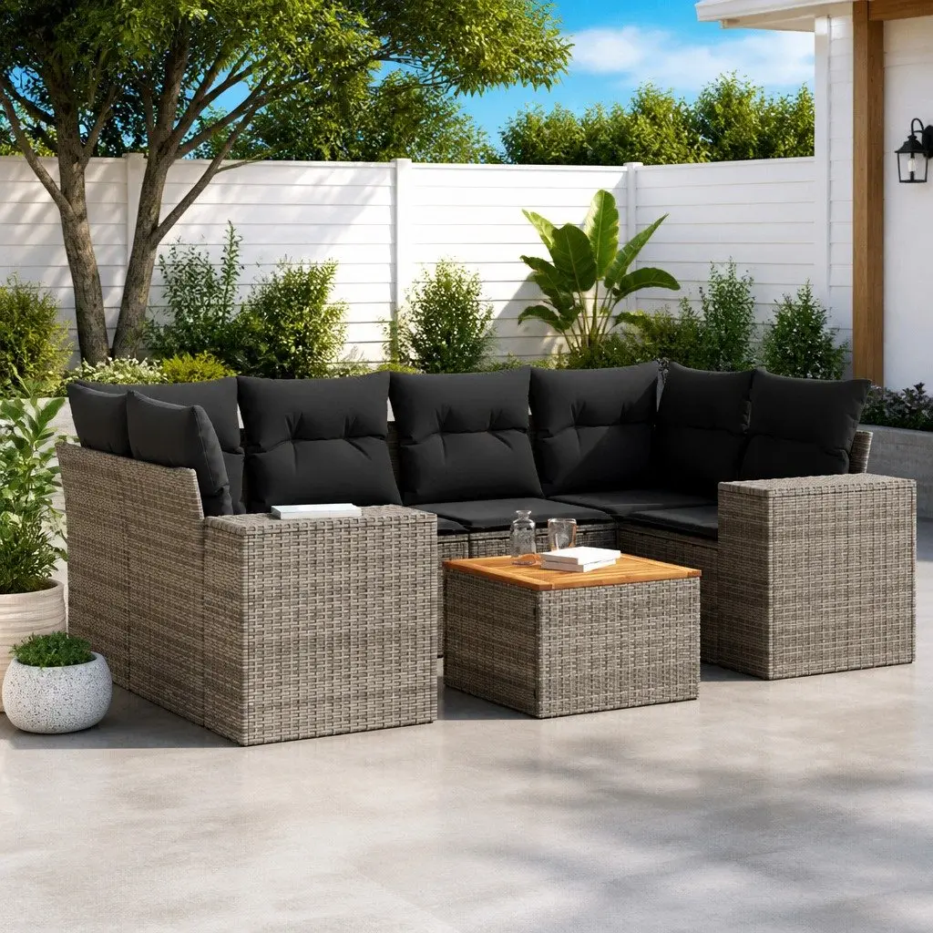 Garden Sofa Set 7 Piece PE Rattan Outdoor Furniture Grey with Acacia Wood Table and Padded Cushions