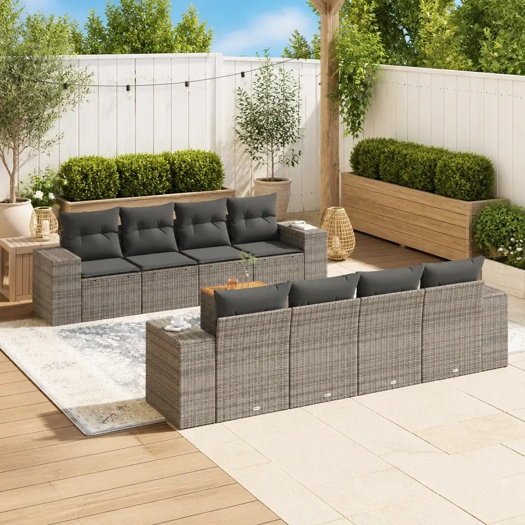 Garden Sofa Set Grey PE Rattan 9 Piece Modular Outdoor Furniture with Acacia Wood Table Top and Cushions