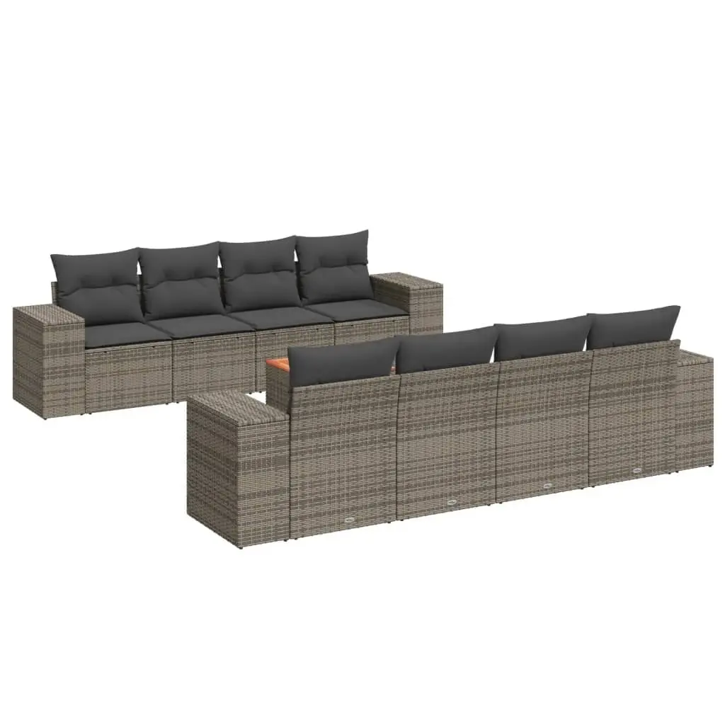 Garden Sofa Set Grey PE Rattan 9 Piece Modular Outdoor Furniture with Acacia Wood Table Top and Cushions