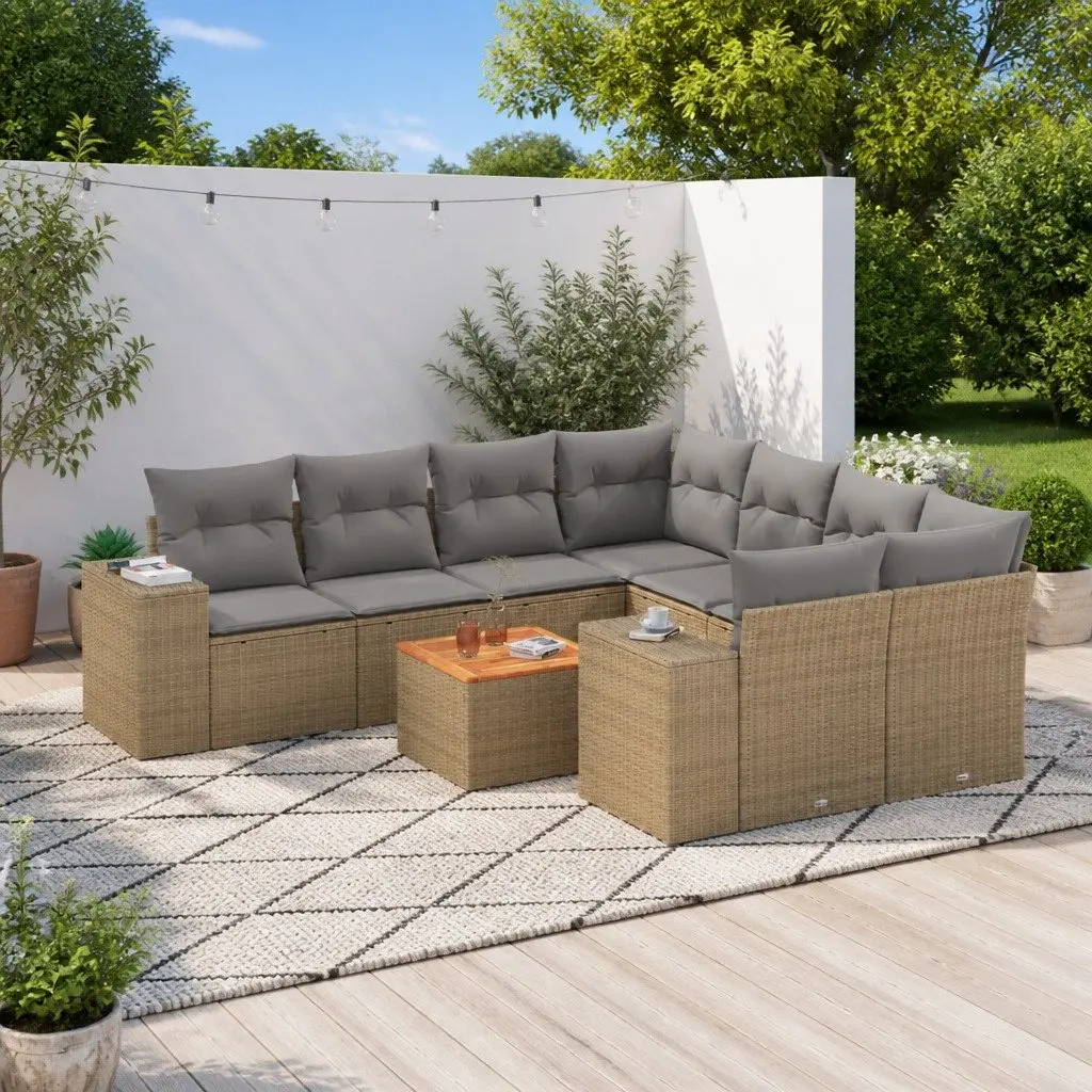 9 Piece Garden Sofa Set PE Rattan with Acacia Wood Table Top Beige Outdoor Patio Furniture with Cushions