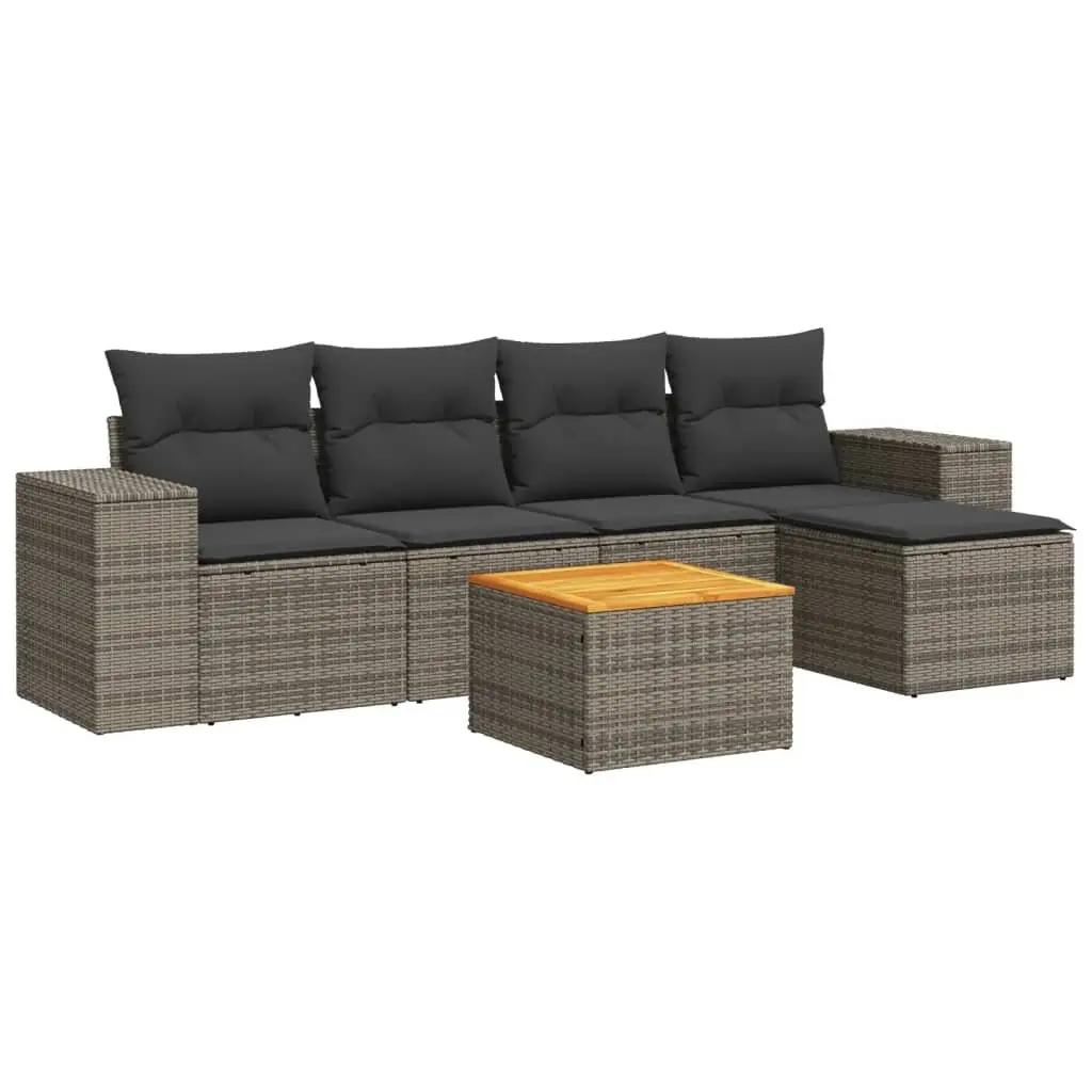 6 Piece Garden Sofa Set PE Rattan Grey with Acacia Wood Table Top and Storage Cushions Outdoor Furniture