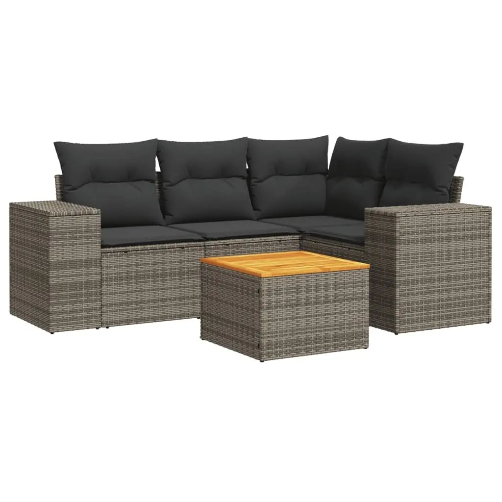 5 Piece Garden Sofa Set PE Rattan Grey with Acacia Wood Tabletop and Storage Cushions