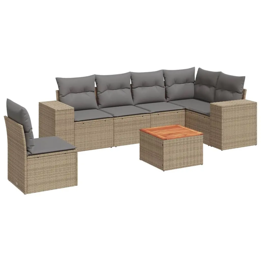 7 Piece Outdoor Sofa Set Modular Beige Poly Rattan Furniture with Cushions and Storage Compartments