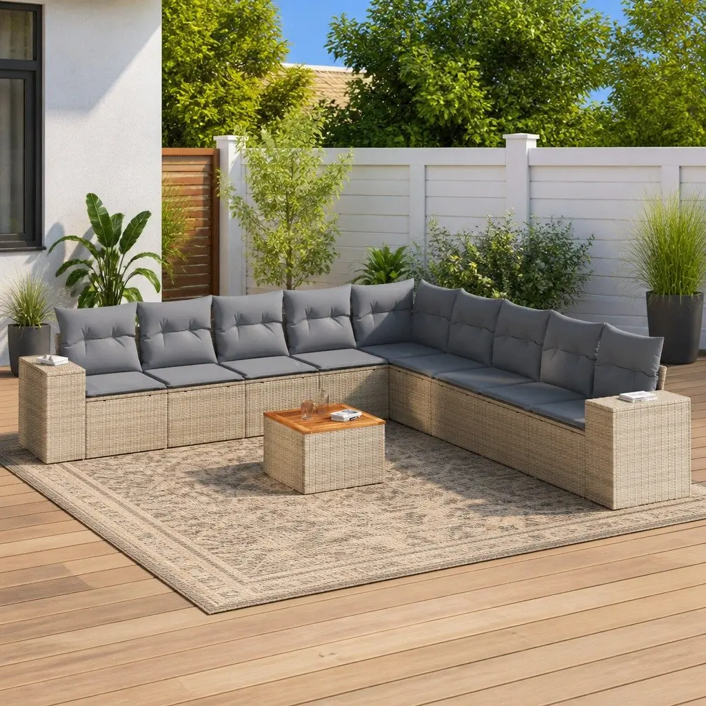 10 Piece Garden Sofa Set Poly Rattan Beige with Cushions Outdoor Furniture