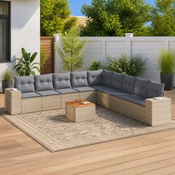 10 Piece Beige Outdoor Sofa Set with Cushions and Storage