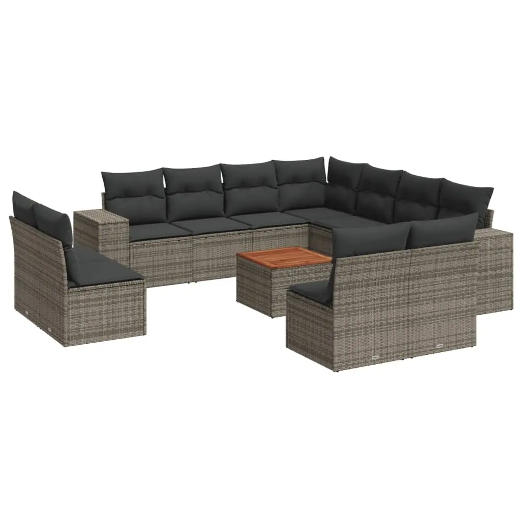 12 Piece Outdoor Furniture Set Modular Grey Rattan with Cushions and Acacia Wood Table
