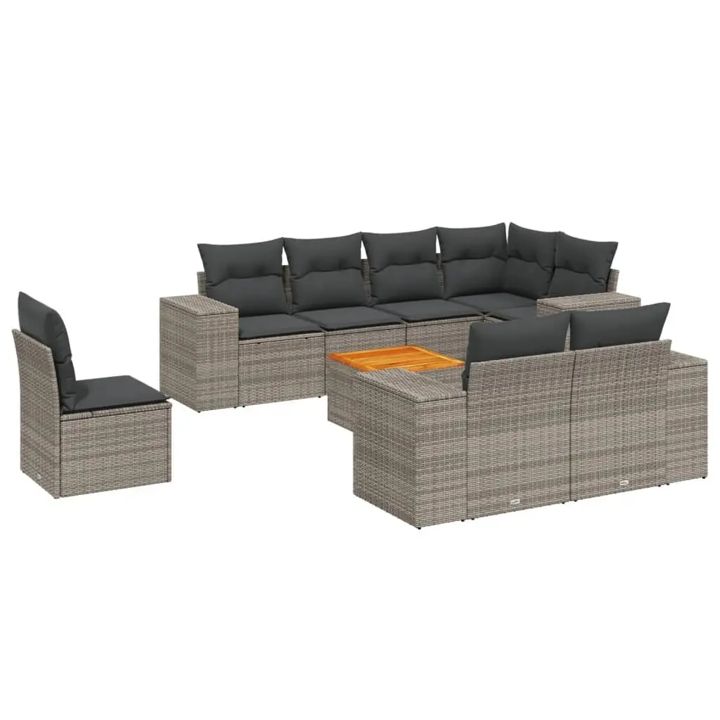 9 Piece Garden Sofa Set PE Rattan Acacia Wood Table Grey Outdoor Furniture
