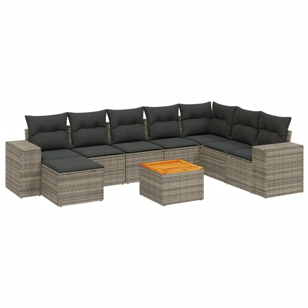 Garden Sofa Set 9 Piece Modular PE Poly Rattan Outdoor Furniture Grey with Acacia Wood Tabletop